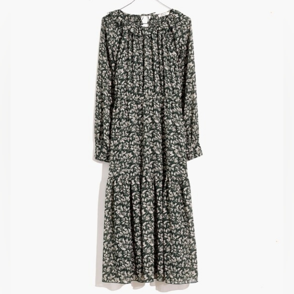 Madewell Petite Ruffle-Neck Tiered Midi Dress in Forest Leaves